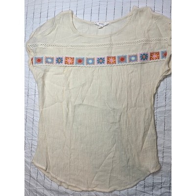 MINE Cream Textured Boho Blouse Granny Square Embroidery Lace Trim Small
