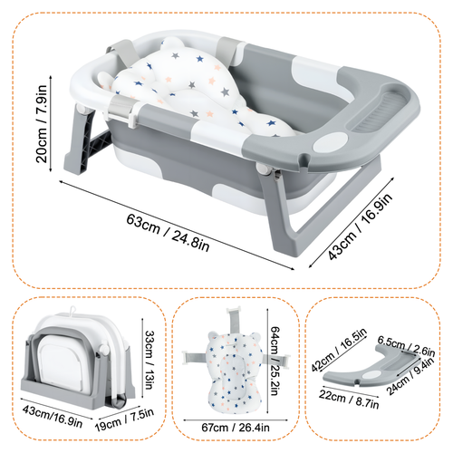 Baby Bath Tub Foldable Collapsible Toddler Bathtub with Bath Support Cushion Mat - Picture 8 of 18