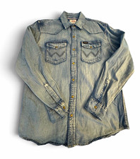 Wrangler Men's Cotton Denim Western Snap-Up Long Sleeve Shirt Blue Pockets M