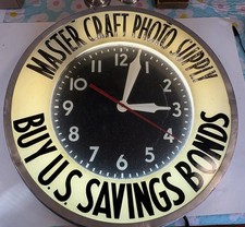 Antique 1940-50s Advertising Wall Clock Lighted Working Buy US Savings Bonds