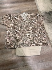 Women's Scrub Set Neutral Paisley - Pull on Matching Pants Cargo Pockets 2XL