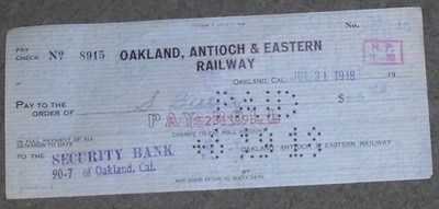Oakland Antioch & Eastern Railway  -  Company Check  1918