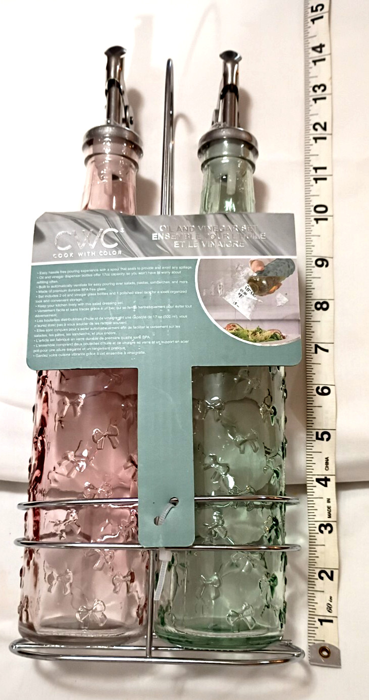 Cook With Color CWC Glass Gold Oil & Vinager Dispensers Pink & Green 17oz