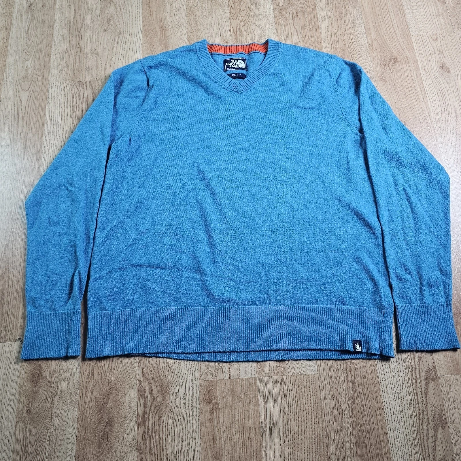 The North Face Sweater Mens Large Blue Wool Blend V Neck Lightweight Pullover