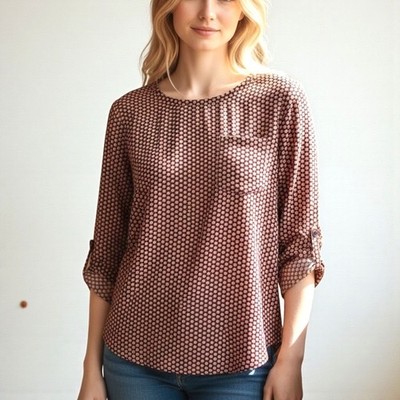 VANHEUSEN Womens Geometric Print Roll Tab Sleeve Blouse Top M Burgundy