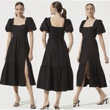 ASTR The Label Dress Women's Size Large Black Puff Sleeve Tiered Poplin Midi