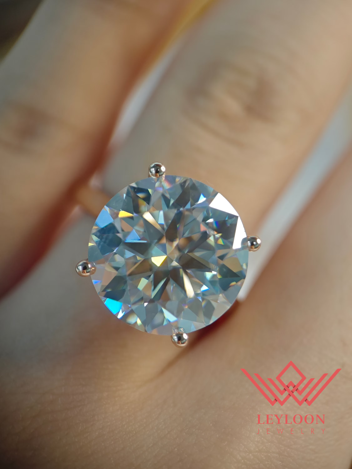 10 Carat Round Cut 4 Prong Solitaire Euro Shank D Color 18K Moissanite Ring