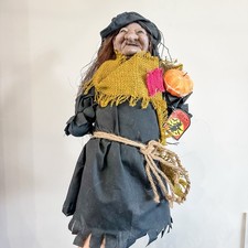 Vintage Halloween Spooky Burlap Witch Figure w/ Broom Pumpkin Decoration 16"