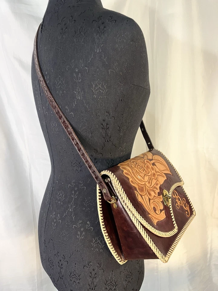 Bolso de Mano Bolso BoHo Hippie de Cuero Tocado a Mano Años 70 De Colección.Correa Ajustable, Costura Foto 3 de 4
