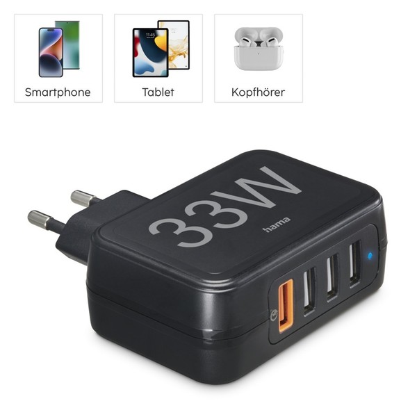 Hama SchnellladegeräT Ladestation 4-Fach (4X USB-A) 33W Quick Charge 3.0 Schwarz-image