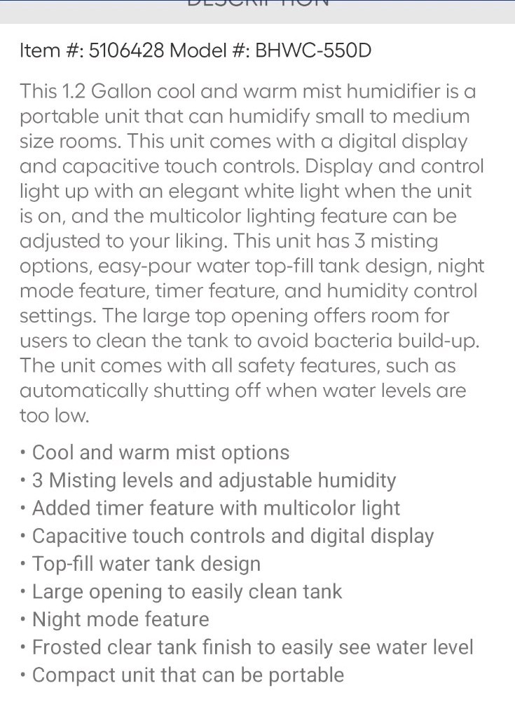 Humidifier Highland&nbsp;1.2 Gallon  Cool Mist And Warm Mist Humidifier  Black NEW