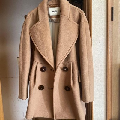 USED FENDI CAMEL COAT, DOUBLE-BREASTED, WOOL AND SILK. GOOD