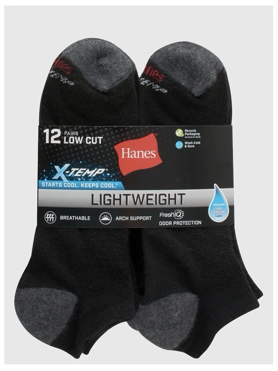 12-Pair HANES X-Temp Men’s Size 6-12 Lightweight Low Cut Socks Wicking Black