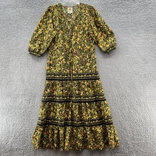 Farm Rio Dress XS Green Tropical Fruit Bird Print Boho Tiered Peasant Maxi