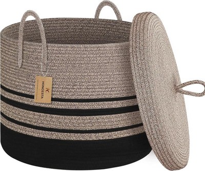 Extra Large Woven Basket with Lid, 18'' X 14'' Wicker Blanket Storage Basket Livin