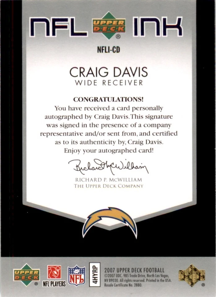2007 Upper Deck NFL Ink #NFLI-CD Craig Davis Auto San Diego Chargers - Image 2 of 2