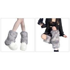 Women Fuzzy Plush Leg Warmer Boot Cover Solid Color Gray Furry Leggings Cover