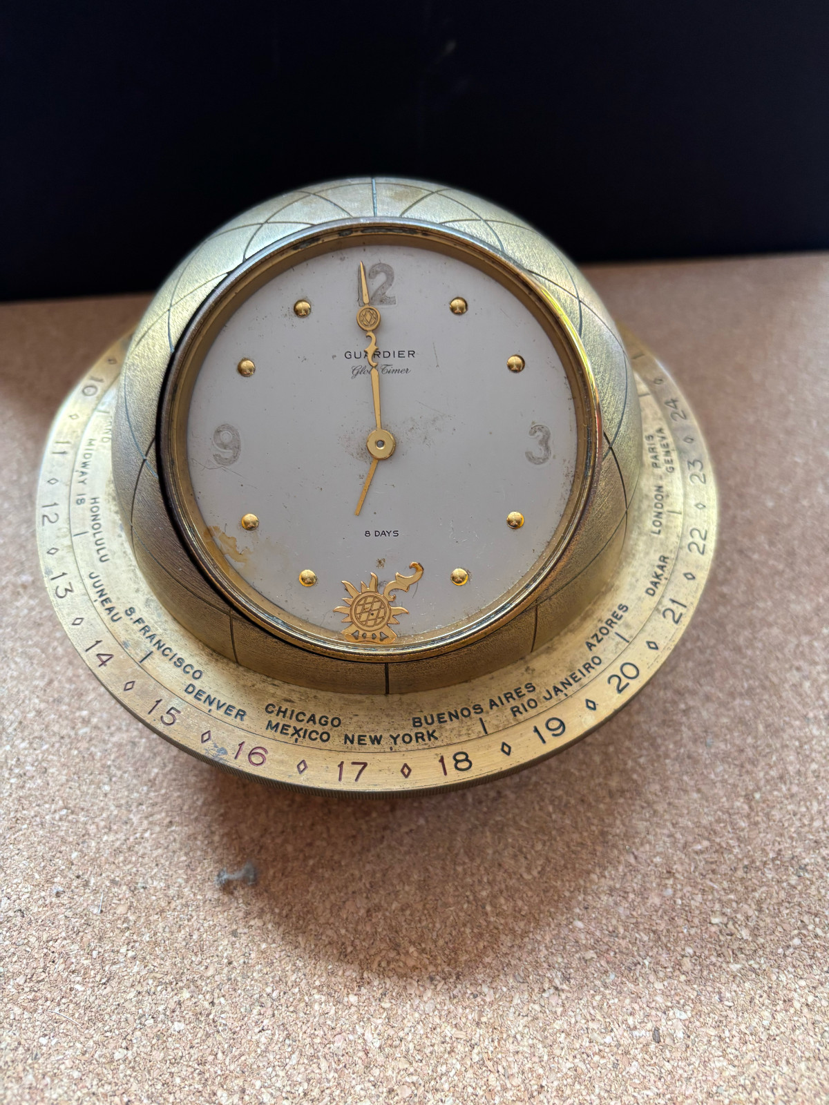 Vintage MCM GUARDIER 8 DAYS BRASS World Time GLOBE TIMER Alarm CLOCK AS IS