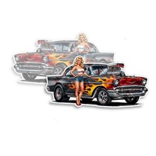Flaming Hot Rod Car Babe Pin Up Sticker Pinup Vintage Nose Art Truck Decal 2pack