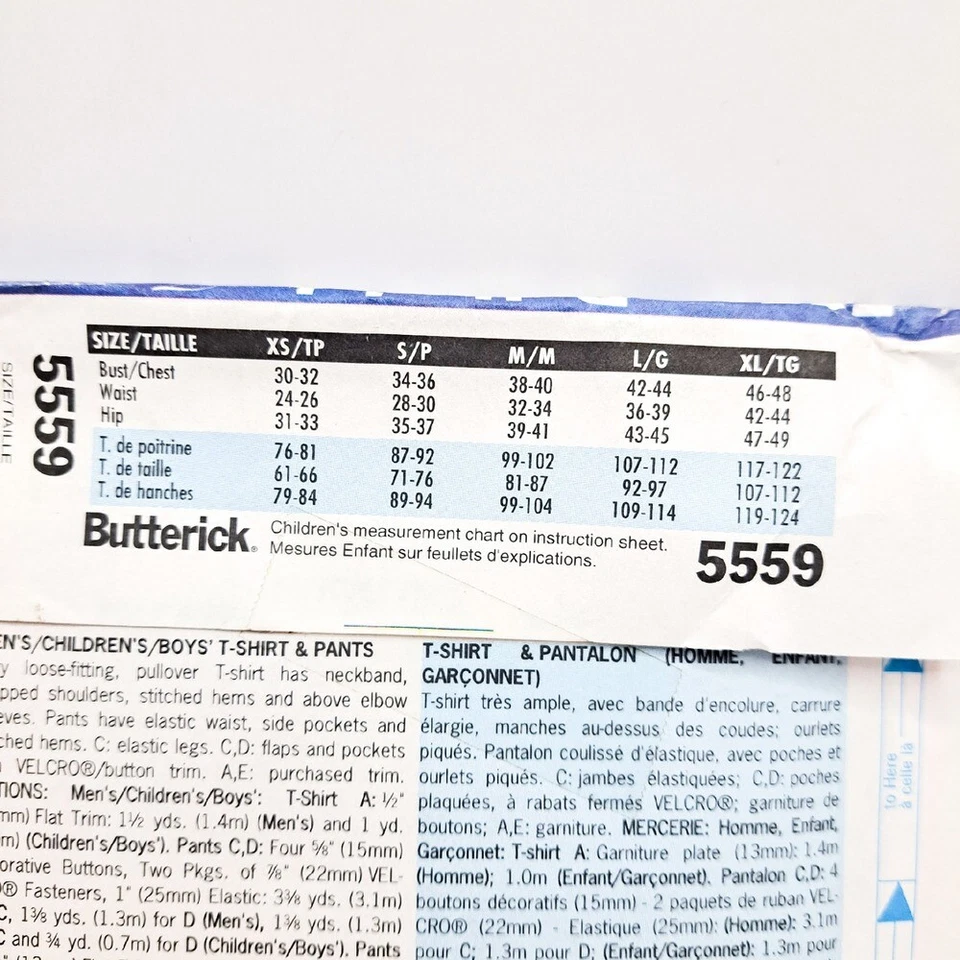 Butterick Sewing Pattern 5559 Mens Boys T-Shirt Pants DIY Easy All Sizes Casual - Image 4 of 4