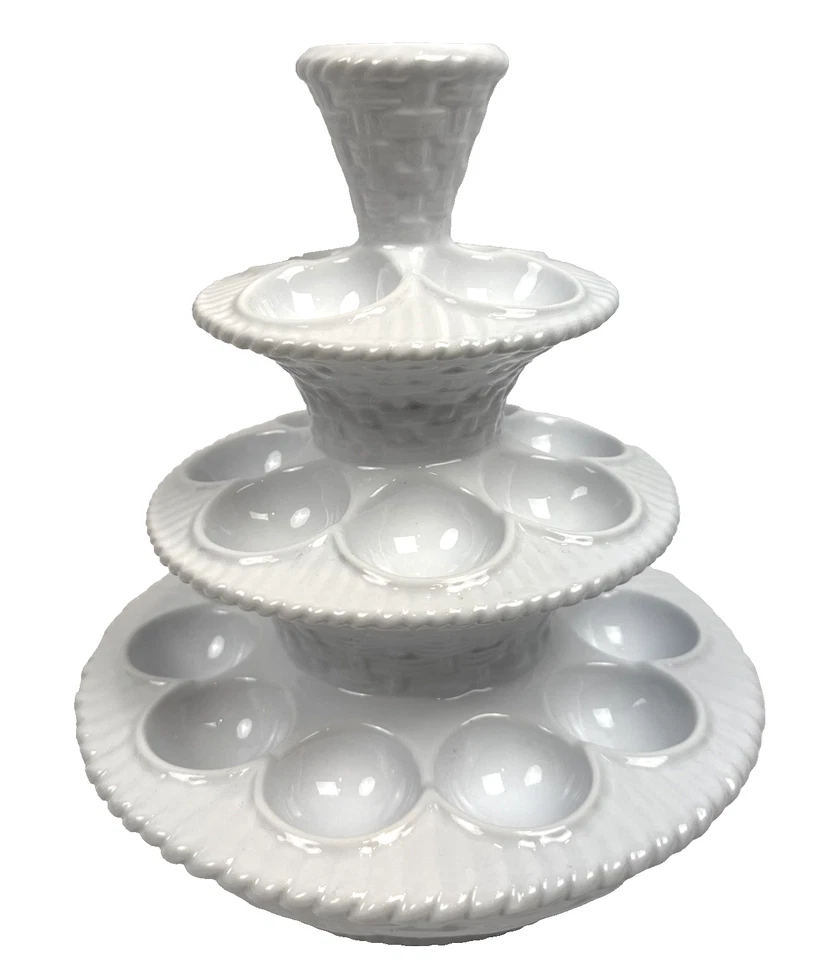 Williams Sonoma White Ceramic 10" Egg Tree 3 Tier Basket Weave Stand Centerpiece - Image 3 of 4