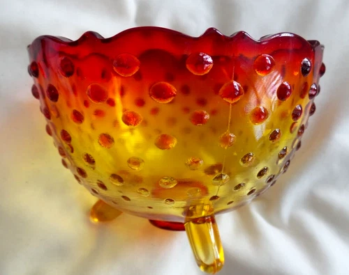 Vintage L. E. Smith Hobnail Amberina Footed Bowl with Scalloped Edge
