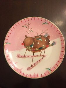 Salad Plate ONEIDA Reindeer Holiday CHRISTMAS 8" Cute Pink Ski Holiday Deer Nice