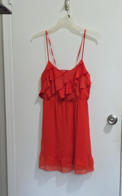 American Eagle M Orange Summer Dress Ruffle Top, Adj Thin Strap, Sheer w/ Liner
