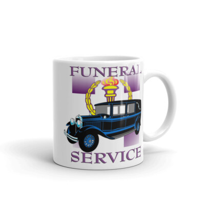 Funeral service hearse coroner medical examiner white glossy mug mortician goth