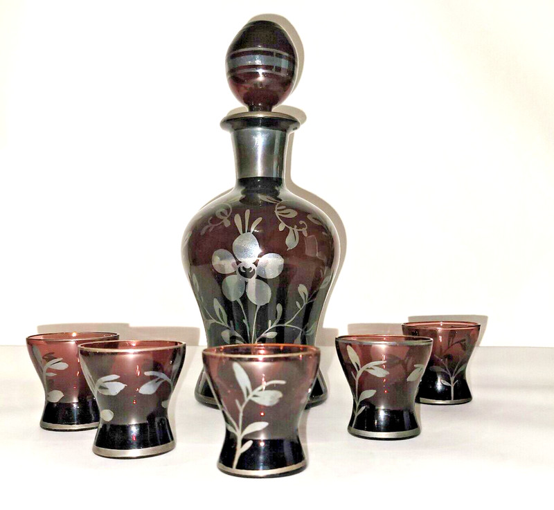 Antique/Vintage Dark Purple Glass & Silver Luster Decanter Set  - Murano (?)