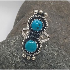 Southwest Sterling Silver Double Turquoise Stone Ring Size 7
