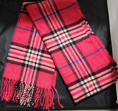 Womens Pink Plaid 100% Cashmere Scarf Made In Scotland
