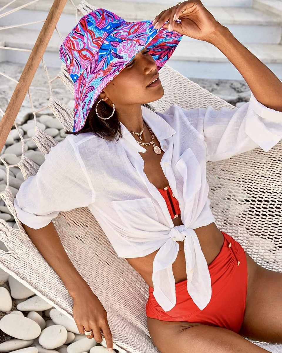 Lilly Pulitzer Ruby Red Wild Times Sun Bucket Hat & Tote Bag Wide Brim Pink OS Lilly Pulitzer Sun Hat Canvas Ruby Red Wild | Mercari main image 3