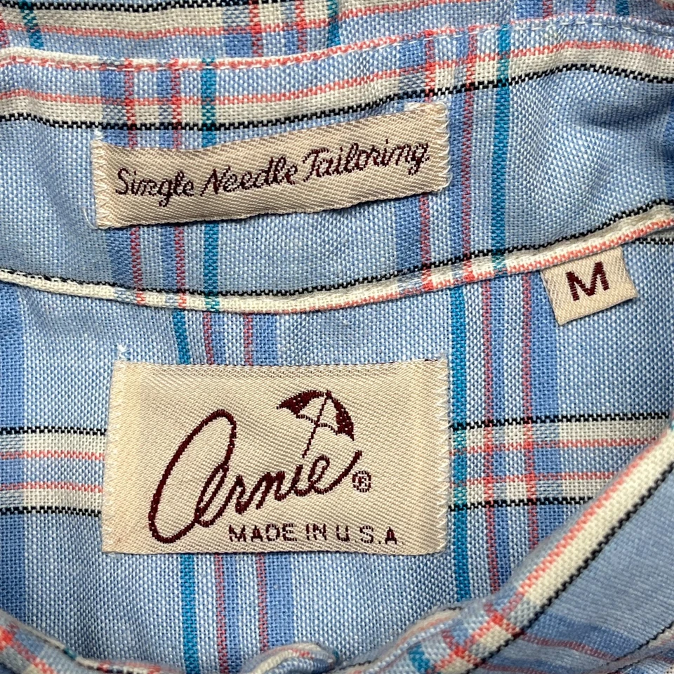 复古 Arnold Palmer 衬衫男式中号蓝色格子纽扣短袖美国 — 第 2/4 张图片