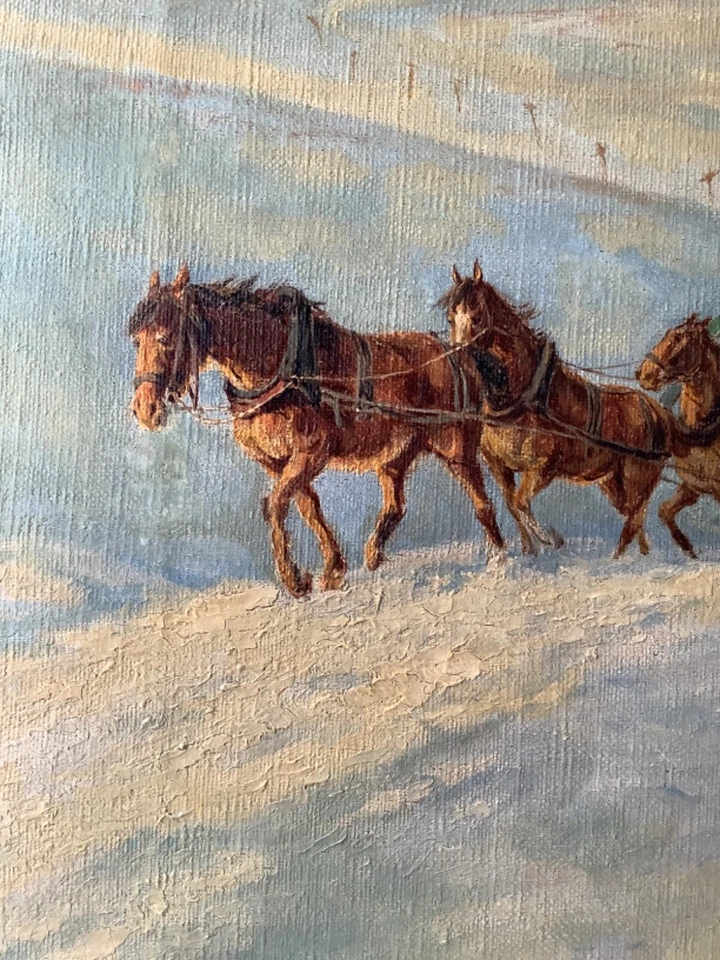 Troika Ride in a Snowy Landscape - Antique Russian Oil canvas c.1908 Signed - Image 4 of 4