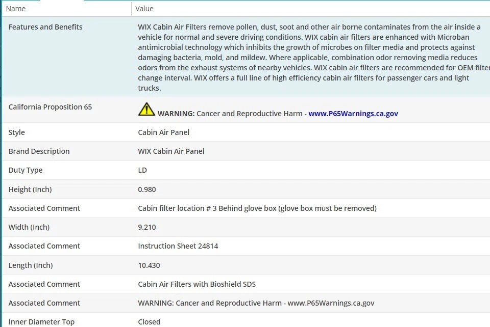 Filtro de aire de cabina WIX para Chevrolet Avalanche 2500 2003-2005 V8-8,1 L Foto 3 de 4