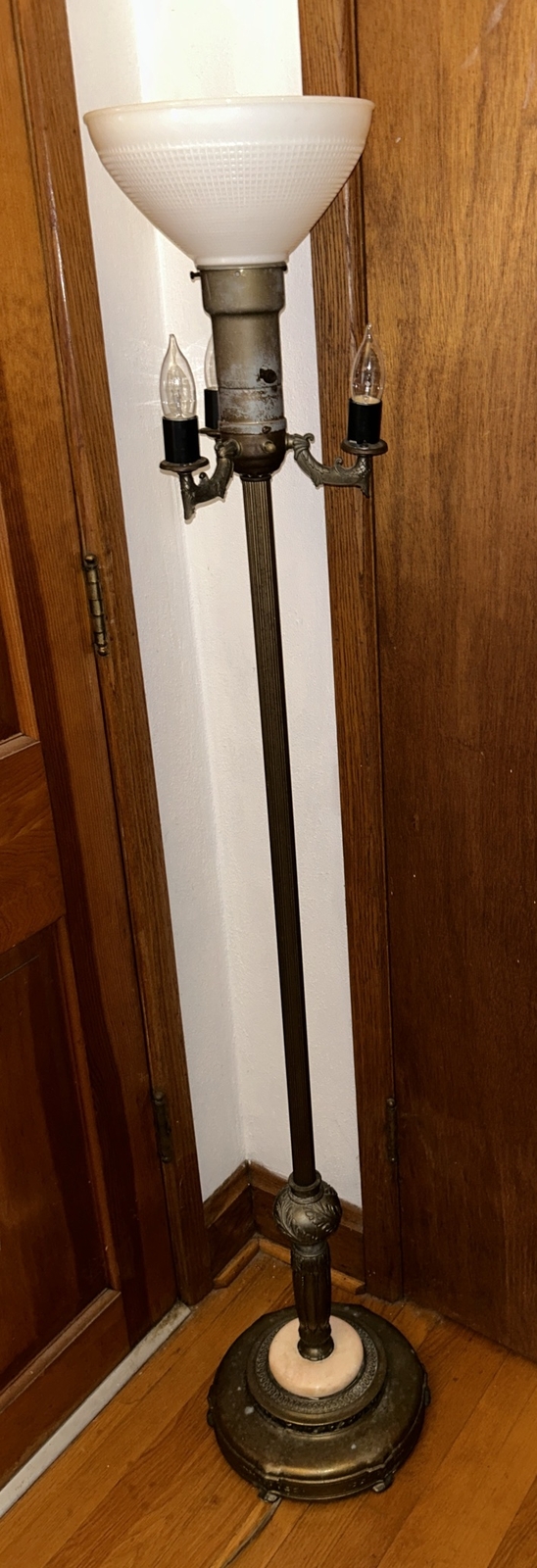 Vintage MCM Floor Lamp with Pink Marble Brass Base & Milk Glass Shade-image