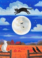 ACEO PRINT OF PAINTING RYTA BLACK CAT MOON HALLOWEEN FOLK ART farm magic crow 🍁