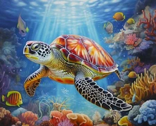 Underwater Beauty ~ Sea Turtle, Ocean, Coral, Fish ~ David Textiles Fabric Panel
