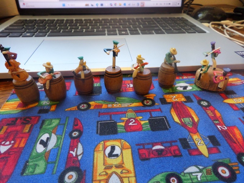 Miniature  Band of eight Sitting on Wood Barrels Made in Japan 1950s