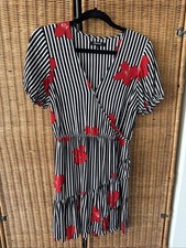 MADEWELL BUTTON WRAP PUFF SLEEVE STRIPE MIDI DRESS SIZE 4 Black/ White