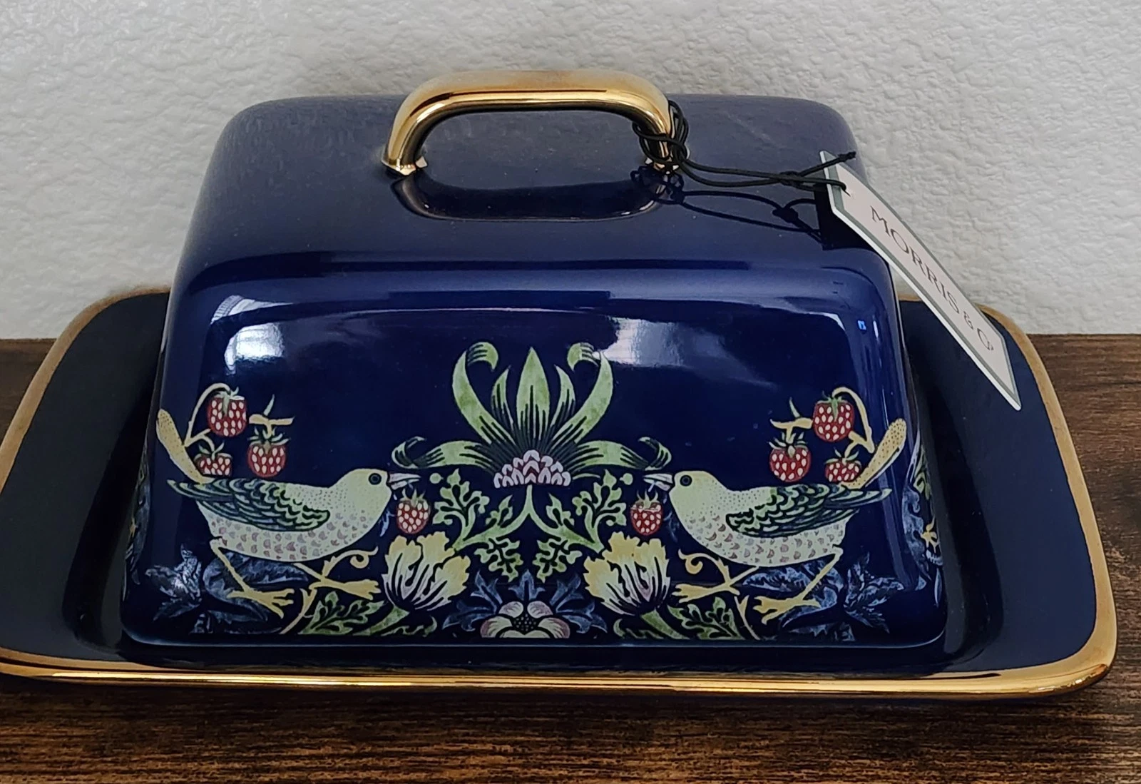 Morris & Co Blue Strawberry Thief Butter Dish New