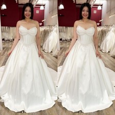Simple Satin Wedding Dresses A Line Strapless Sweep Train Ruching Bridal Gowns