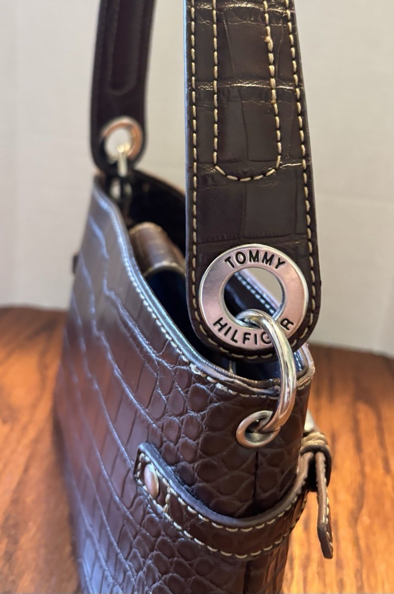 Vintage TOMMY HILFIGER Mini Shoulder Handbag Brown Faux Crocodile