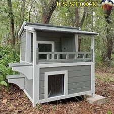 Outdoor Cat House Wooden Shelter W/ Large Balcony Escape Door Weatherproof New