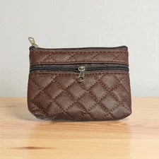 4.75" Quilted Pattern Brown 2 Zipper Card Case Change Purse Wallet