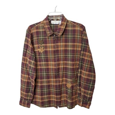 Casey & Max Womens Size L Long Sleeve Button Up Shirt Leaf Patches Plaid Fall