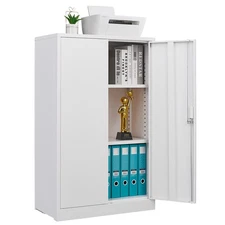 Metal Folding Storage Cabinet Locking Doors & Adjustable Shelves Multi-Use White