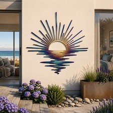 Coastal Ocean Waves Metal Sign, Sunburst Beach House Wall Art, Nautical Outdoor