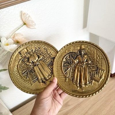 Vintage 1970s Metal Wall Plaques: Welsh Women with Spinning Wheel